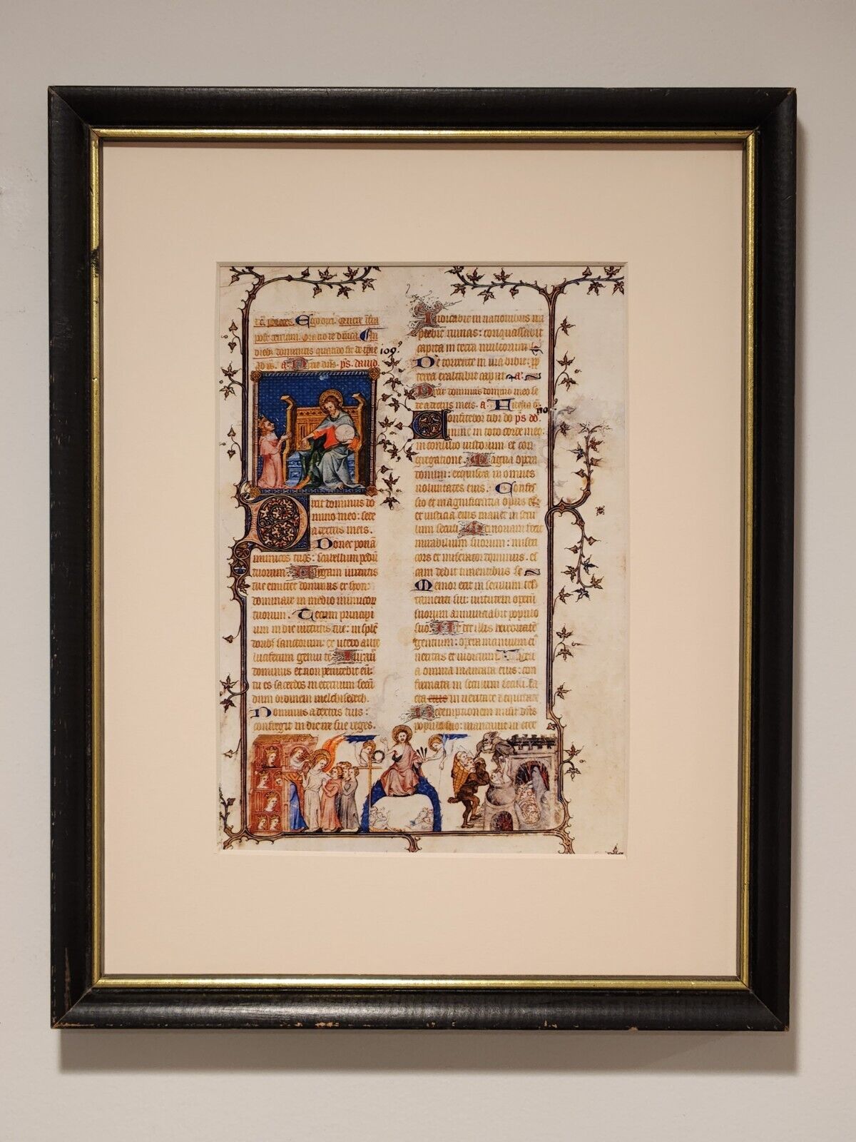 Vintage framed Medieval illuminated manuscript art print Psalm 110