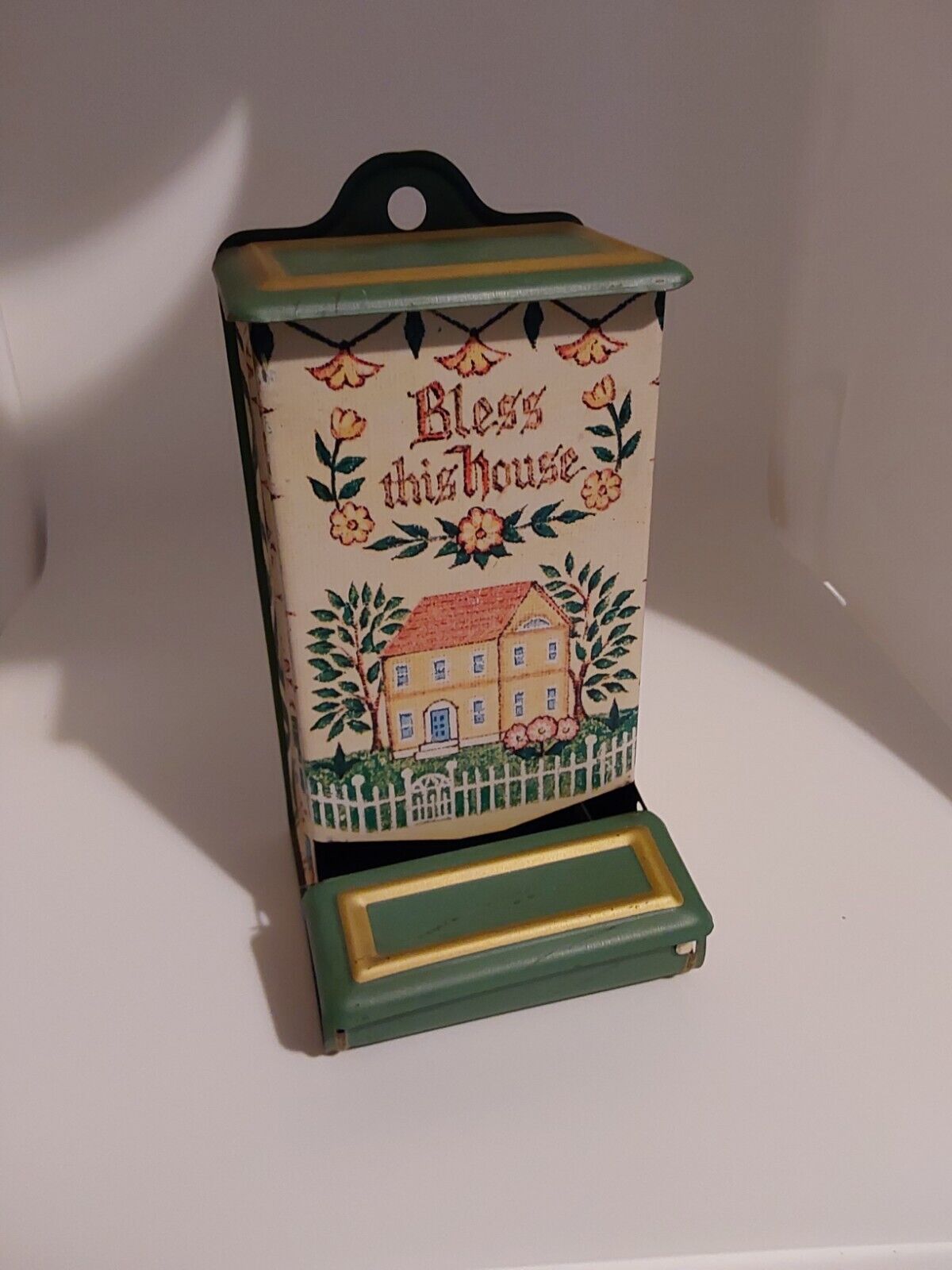 Vtg. Wall Mount Kitchen Match Holder “Bless This House” Tin, made In Hong Kong