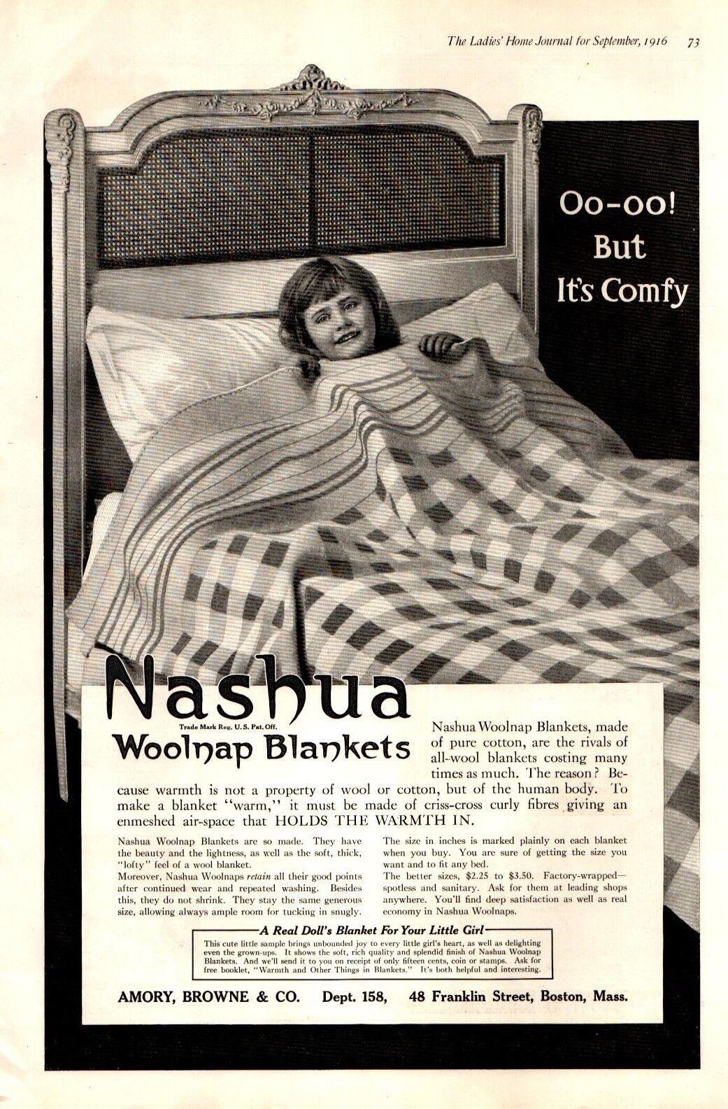 1916 Nashua Woolnap Blankets Little Girl in Bed Vintage Print Ad 1142