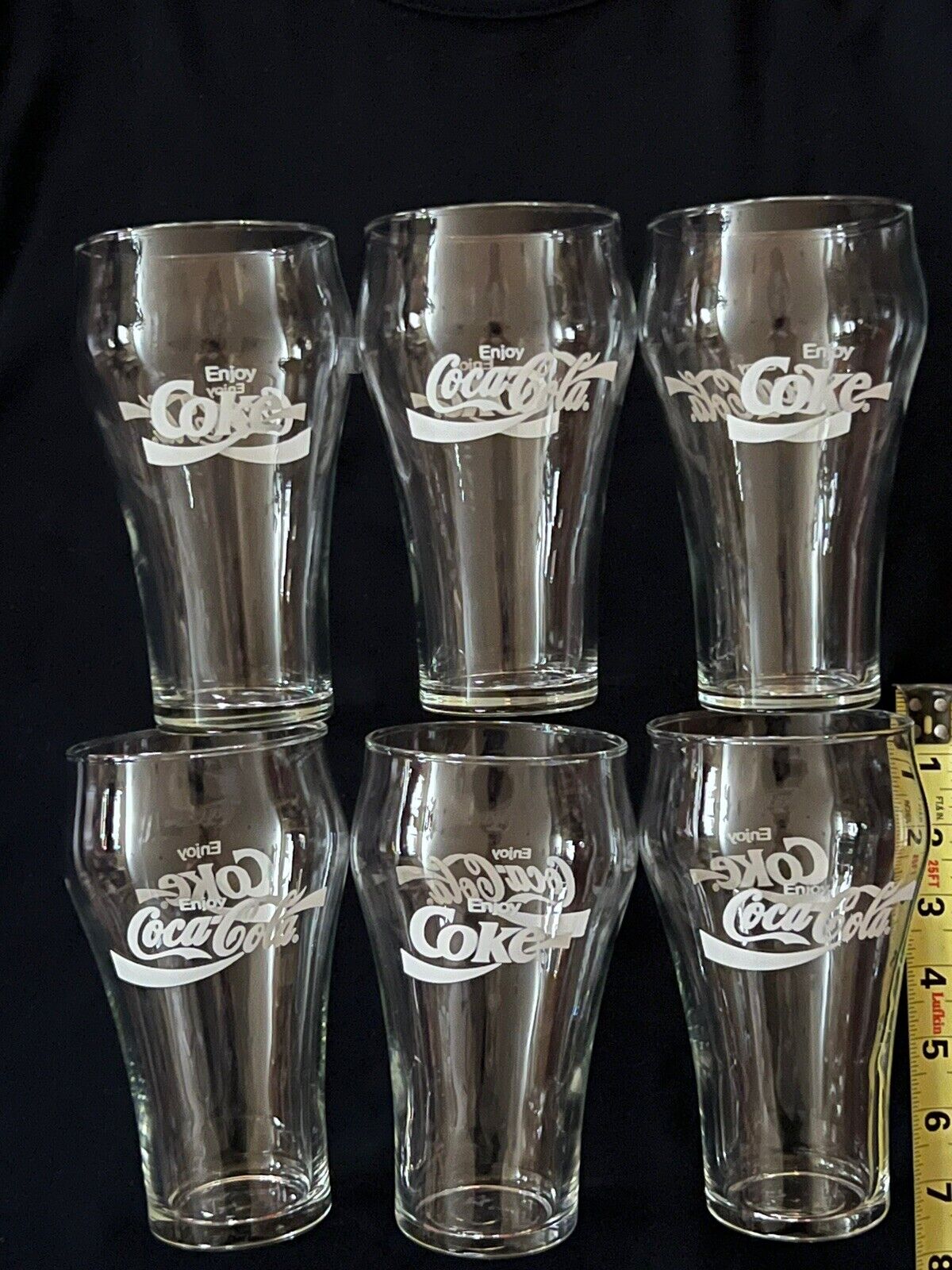ENJOY COKE LOT SET of 6 Glasses VINTAGE 7 inches tall  Coca Cola Bell White Logo