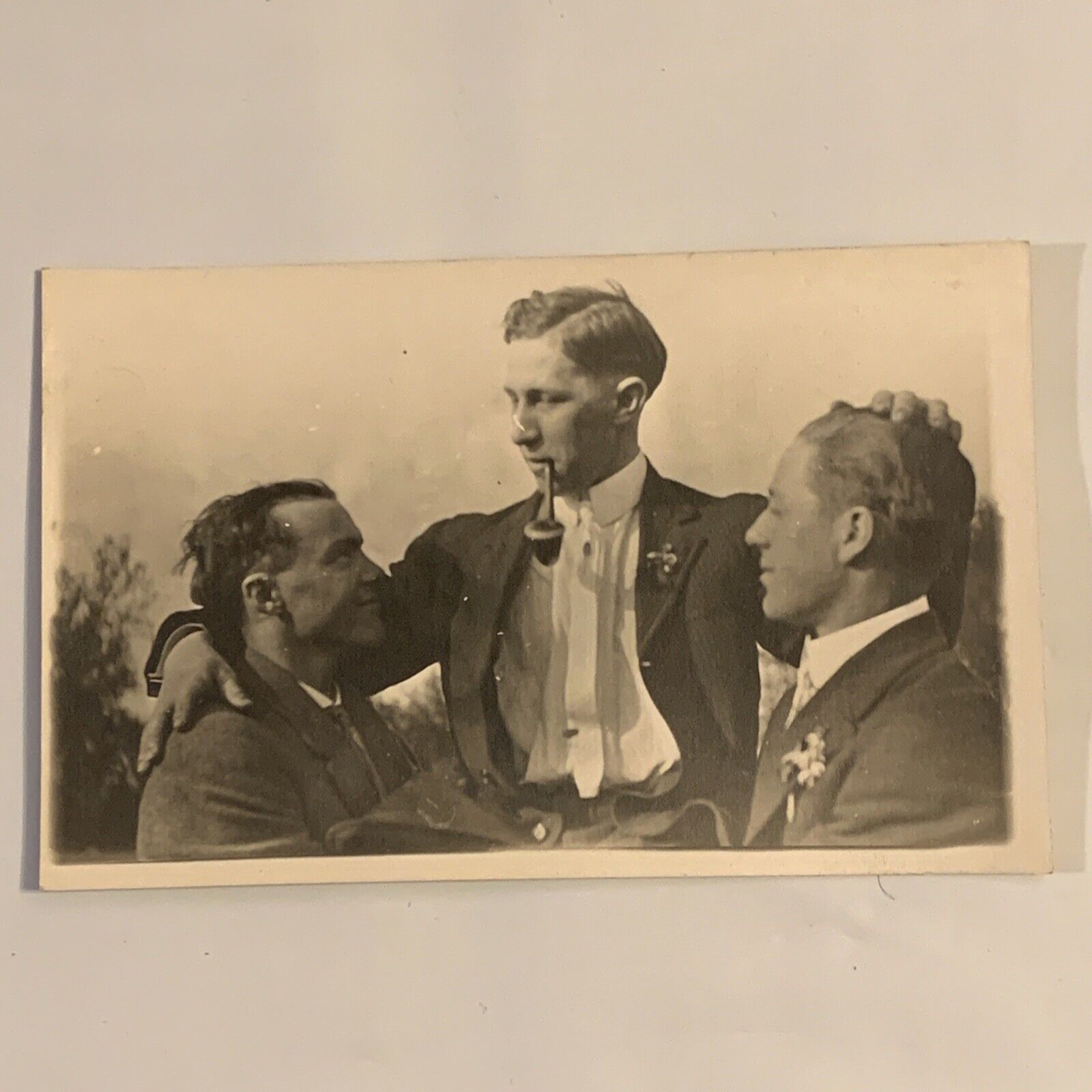 c. 1915 RPPC Handsome Young Men Affectionate Playful Gay Interest Postcard