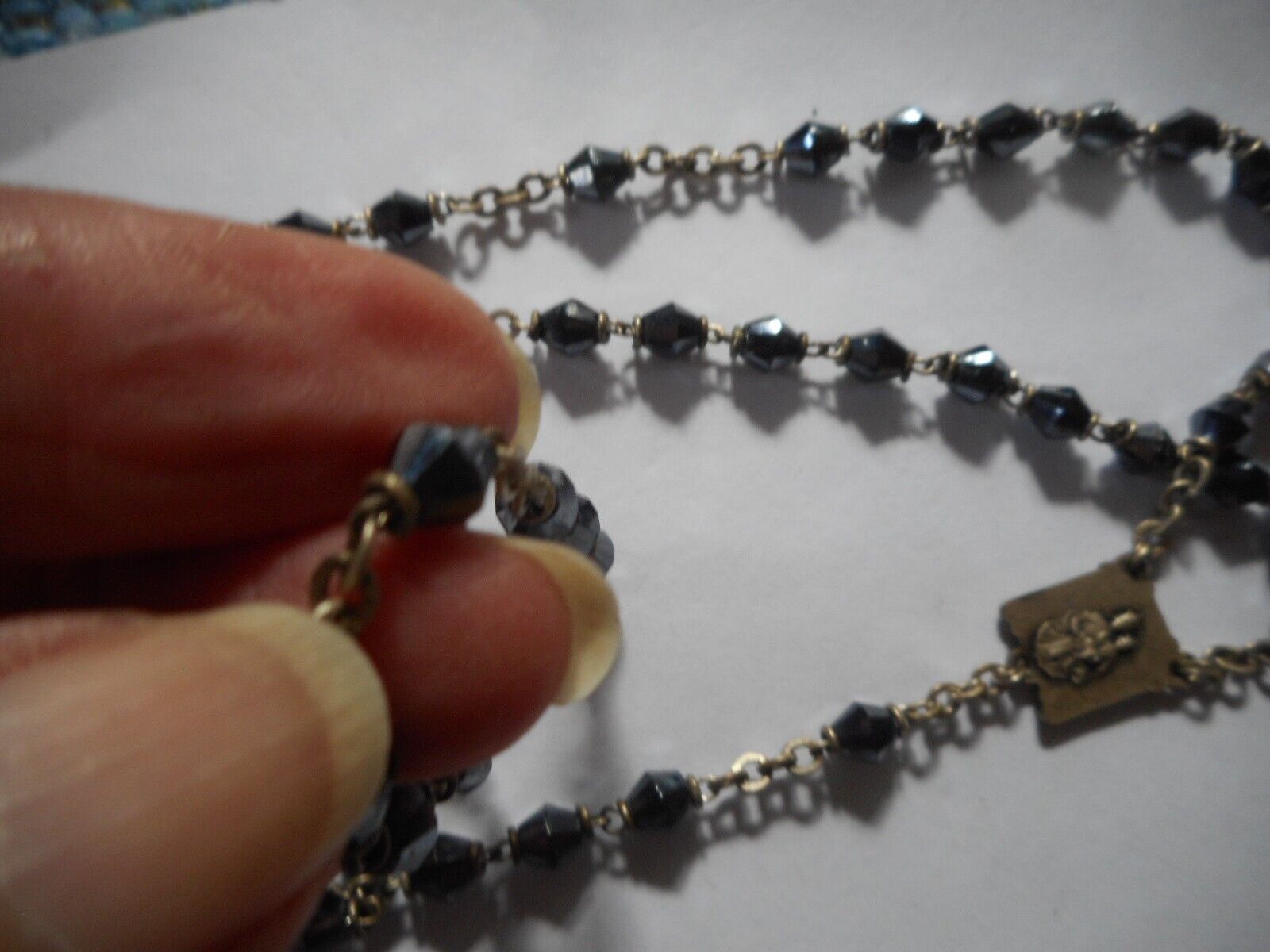 Vintage sterling black glass beautiful fittings rosary, cross is not sterling