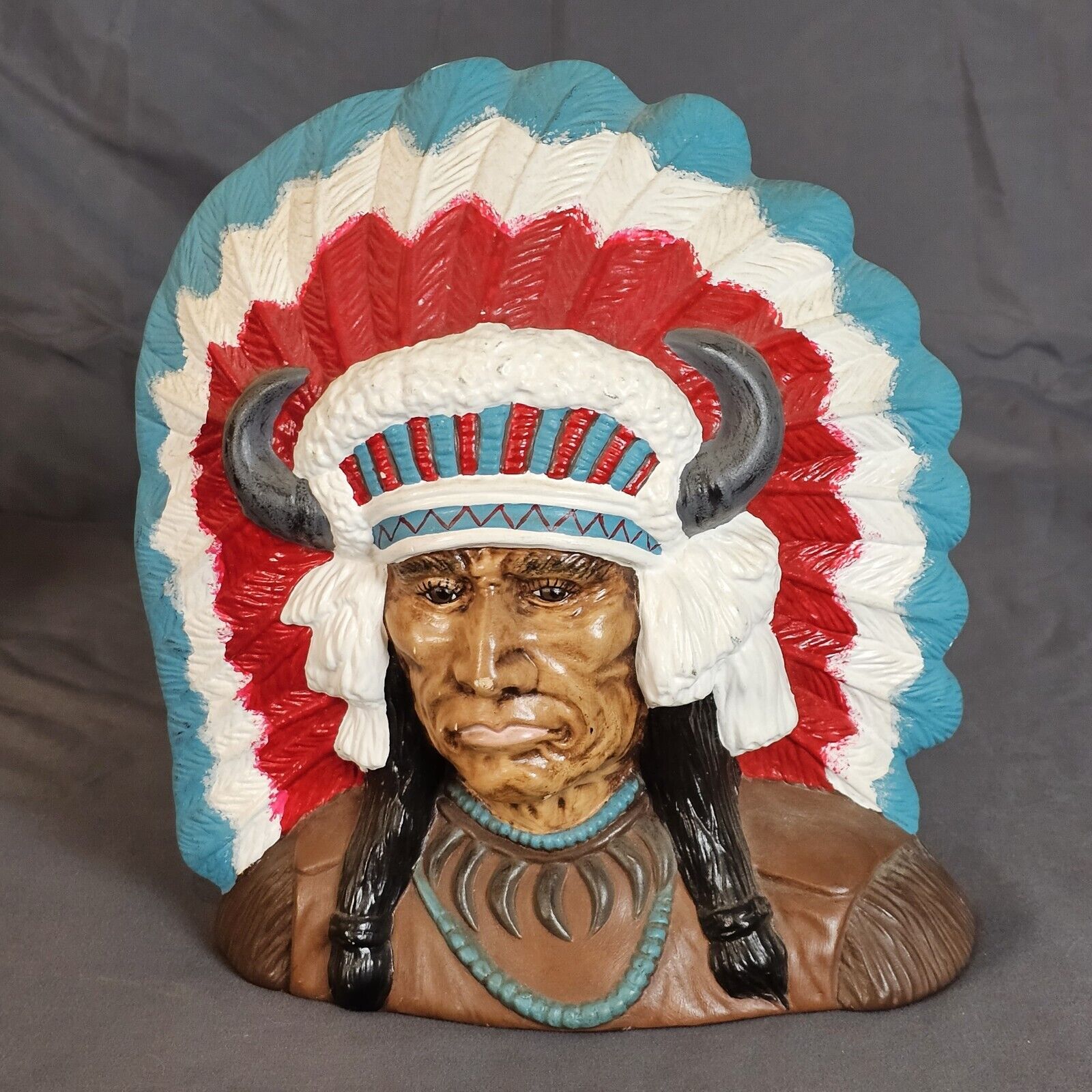 Vintage Native American Indian Chief Bookend Handpainted Ceramic Made In 1976