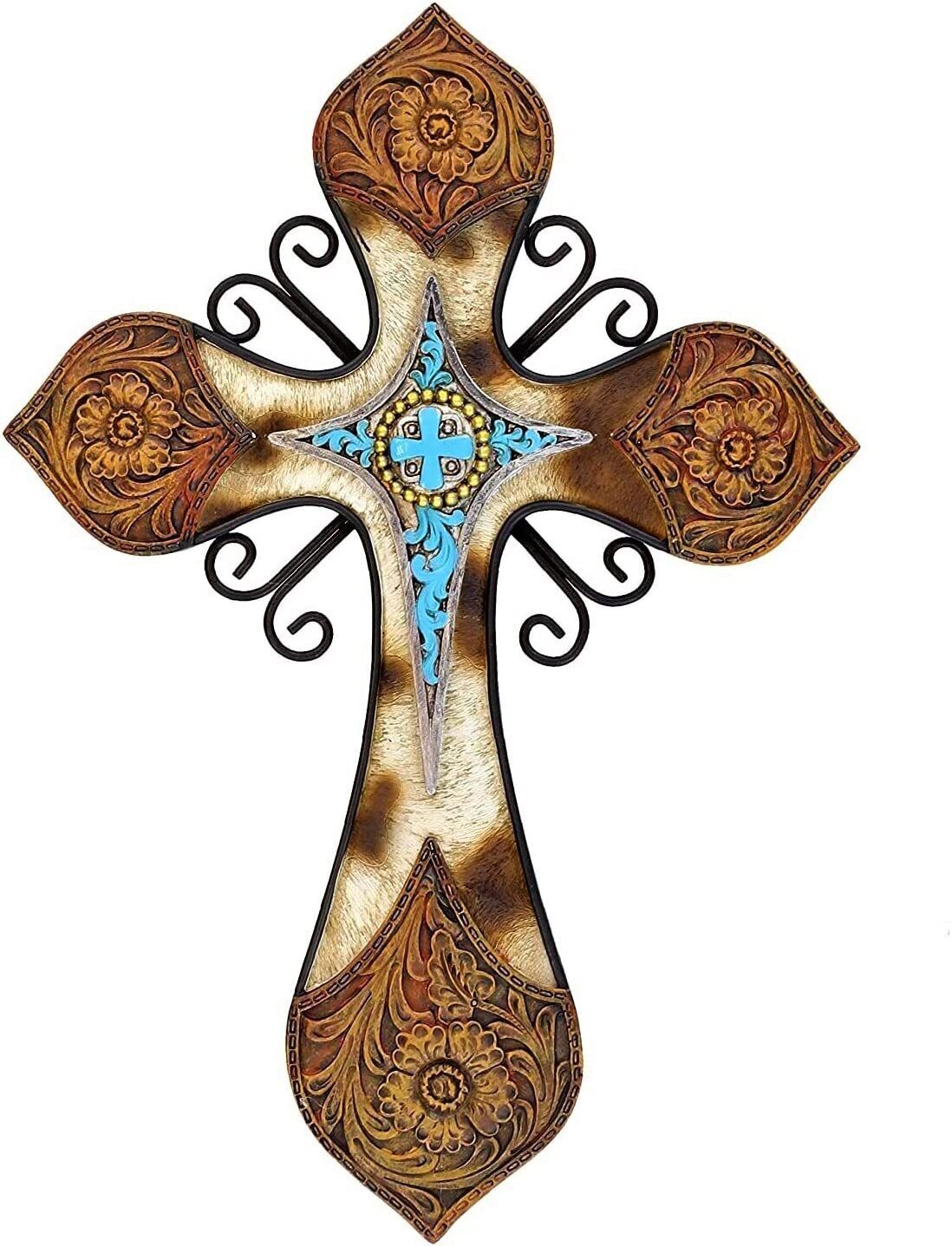 Rustic Tooled Leather Turquoise Wall Hanging Cross Spiritual Religious Art Gift