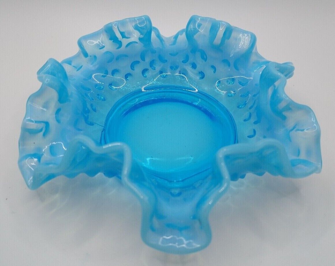Vintage Fenton Blue Opalescent Ruffled Hobnail Candy Dish 