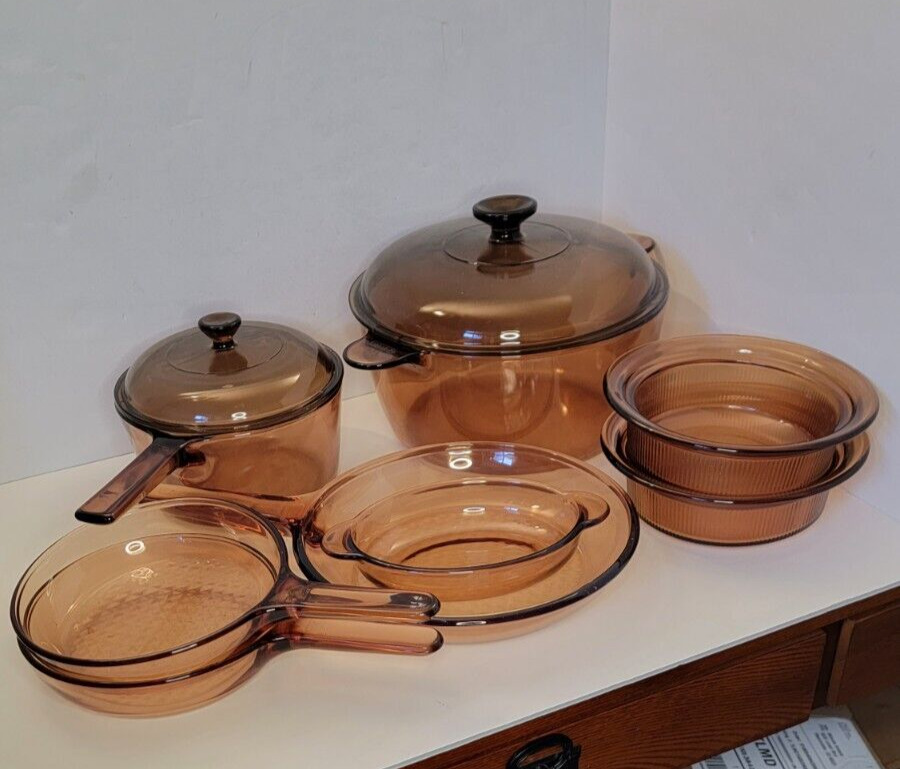 Vintage 10 Piece Lot of Corning Visions Corning Ware Pyrex Amber Glass Cookware