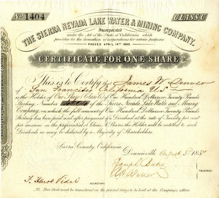 Sierra Nevada Lake Water and Mining Co. issued to James W. Denver - Stock Certif