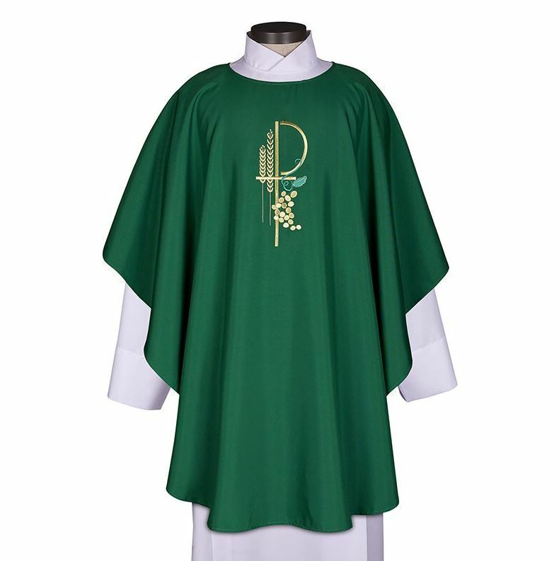Green Eucharistic Chasuble with Chi Rho, Grapes, and Wheat Embroidered Design