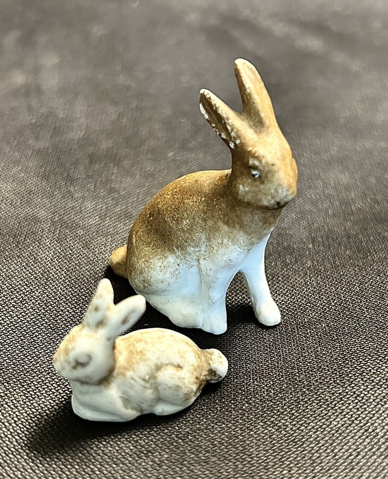 2 Antique Hertwig German Bisque Miniature Bunny Rabbits Figurines Dollhouse Putz