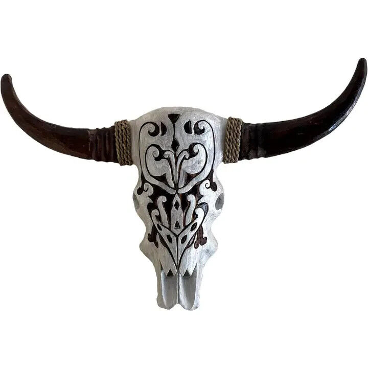 African Mask Style Wooden Long Horn Cow Skull Steer Wall Decor Hanging-BRAND NEW