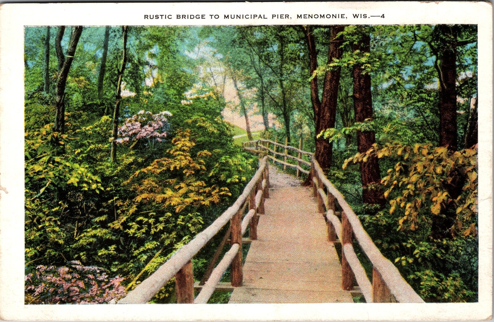 Menomonie WI-Wisconsin, Rustic Bridge to Municipal Pier, Vintage Postcard