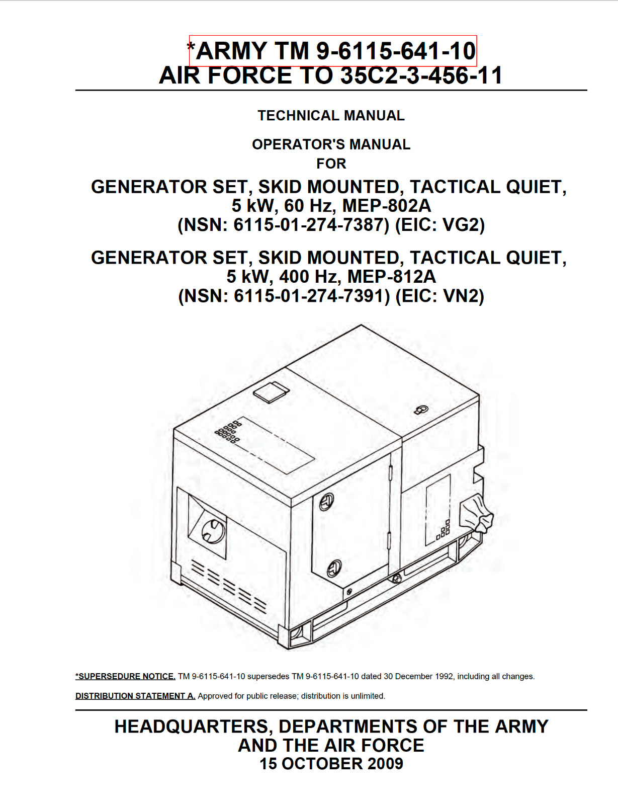 152 p. 5kW TACTICAL QUIET GENERATOR SET MEP-802A 812A Operator Manual on Data CD