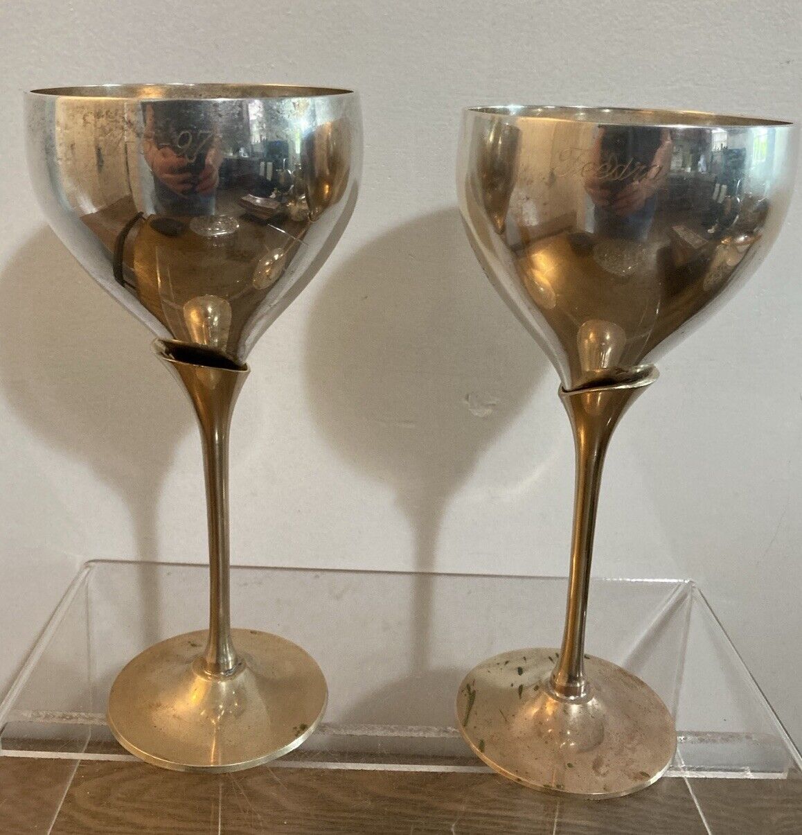 2 Nepali Style Brass Silver Wine Goblets India Wedding Anniversary Engraved 1997