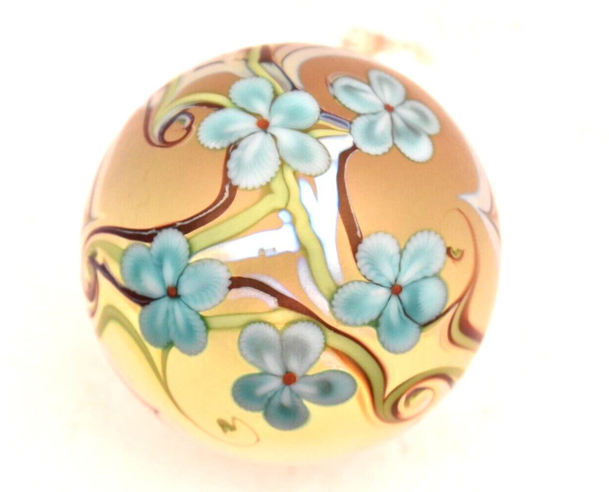 Vintage Orient & Flume Paperweight Signed Iridescent Flower Pulled Feather