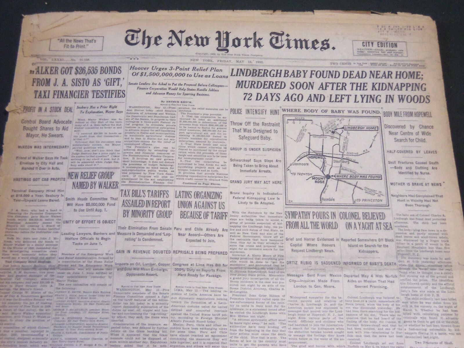 1932 MAY 13 NEW YORK TIMES - LINDBERGH BABY FOUND DEAD NEAR HOME - NT 6184