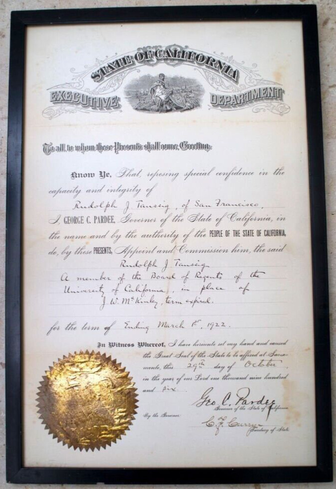 Signed by California Governor George Pardee 1906 Autographed Executive Document