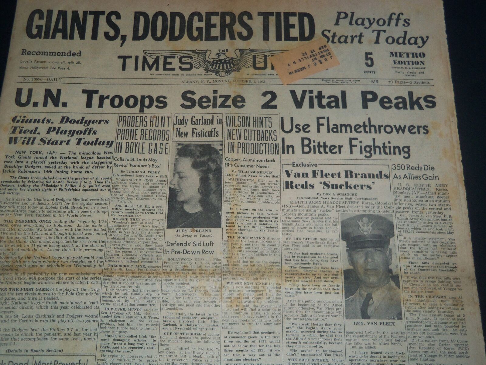 1951 OCTOBER 1 ALBANY TIMES UNION NEWSPAPER - GIANTS DODGERS TIED - NT 7596