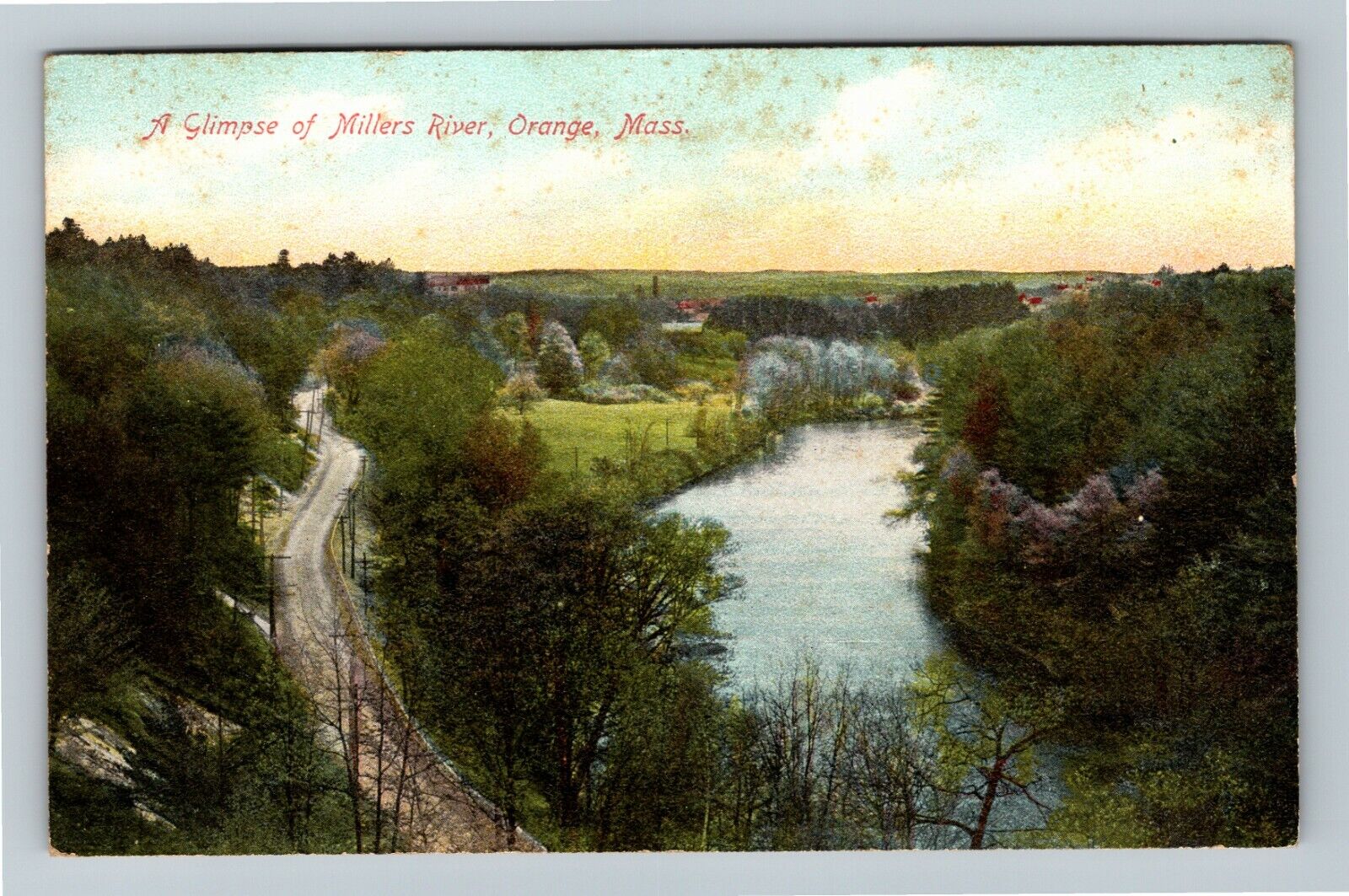 Orange MA, Birdâs Eye View of Millers River, Vintage Massachusetts Postcard