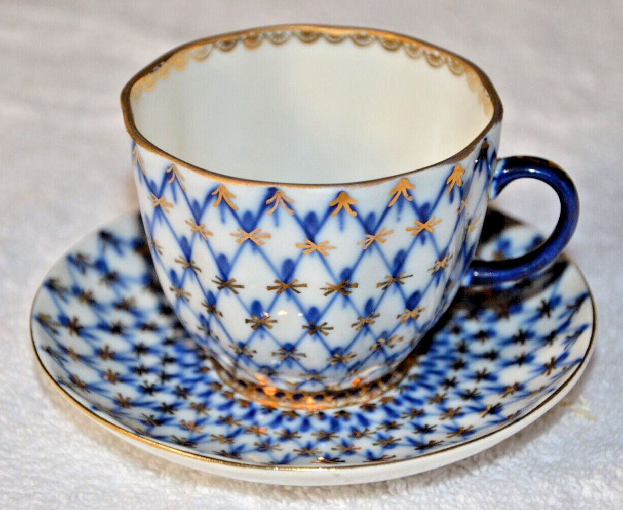 Imperial Porcelain Russian Lomonosov Cobalt Net Coffee/Tea Cup & Saucer Plate
