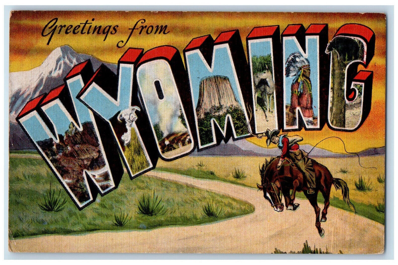 1953 Greetings From Cheyenne Wyoming WY,  A jockey Horse Scene Vintage Postcard