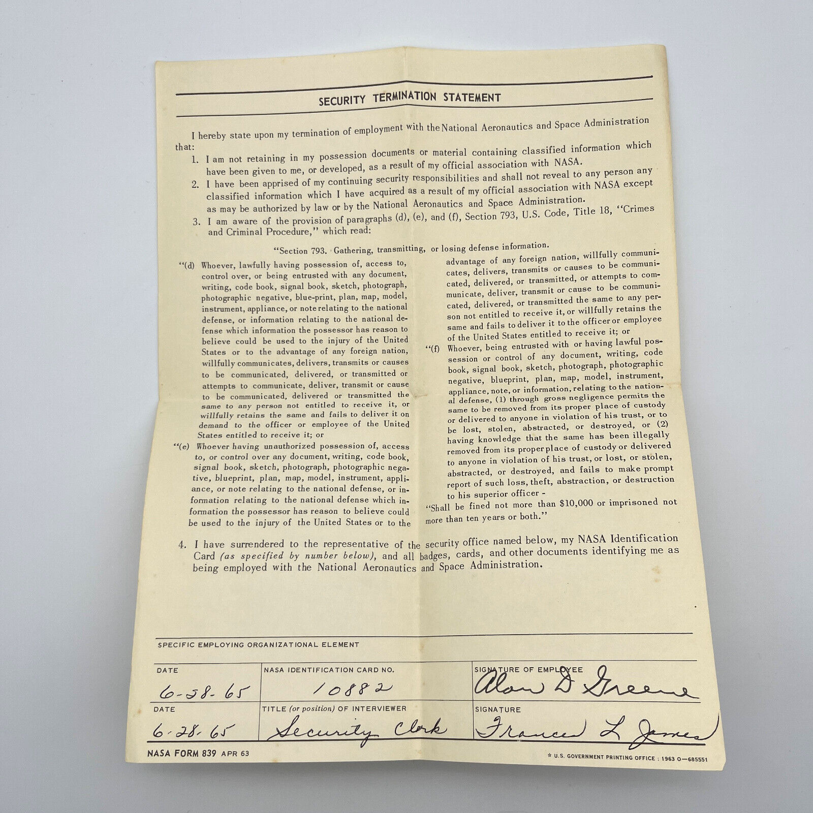 1965 Nasa Security Termination Statement Vintage Paper Ephemera