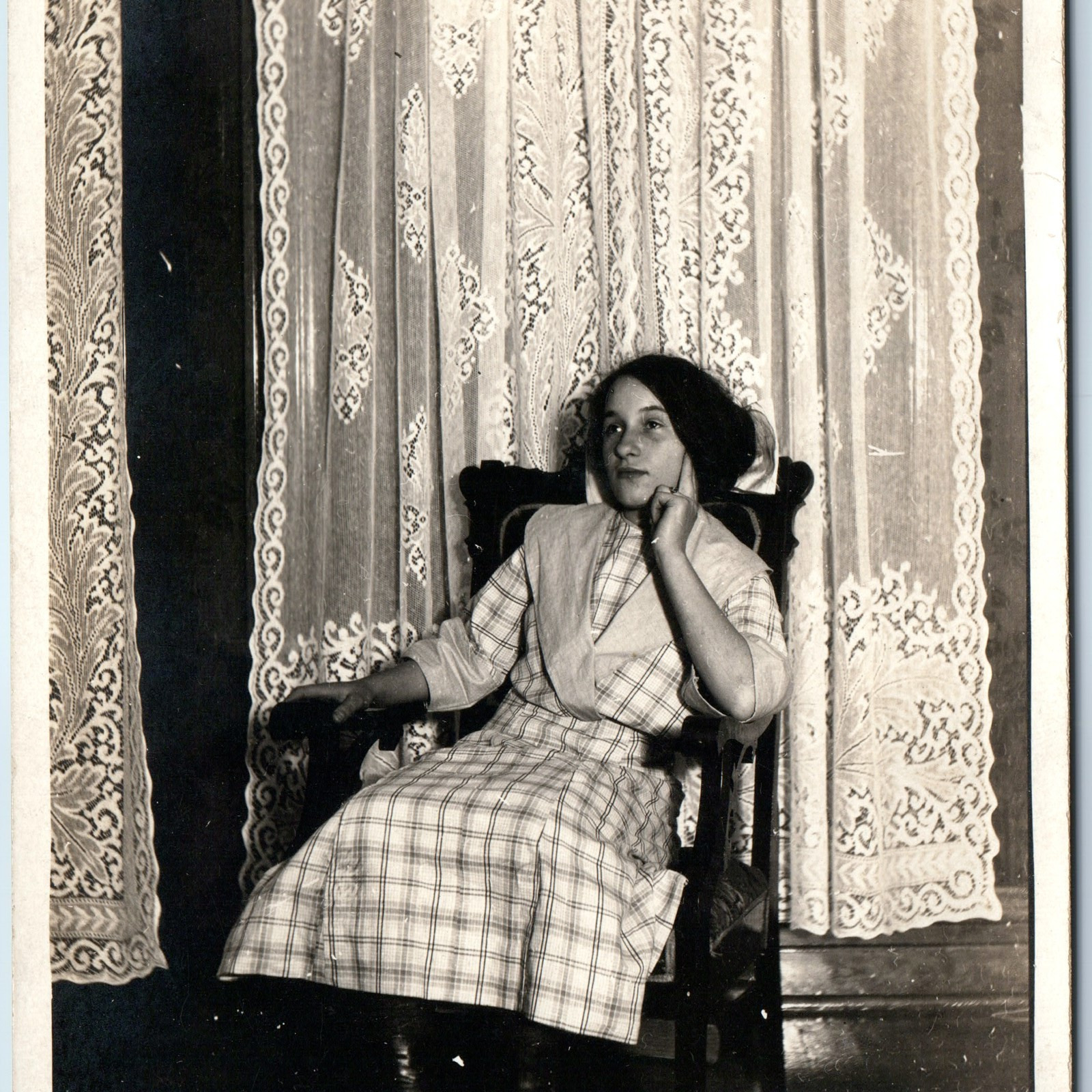 c1910s Thinking Girl RPPC Cute Lovely Lady in Chair Real Photo Lace PC Vtg A251