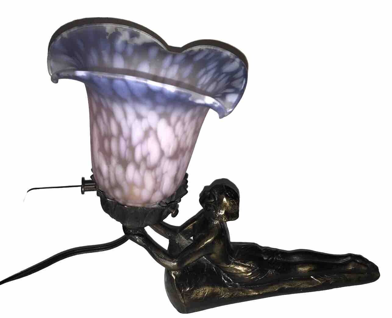 Chandler Antique Art Deco Lamp Lady Nude Laying Down Table Lamp Bronze Glass