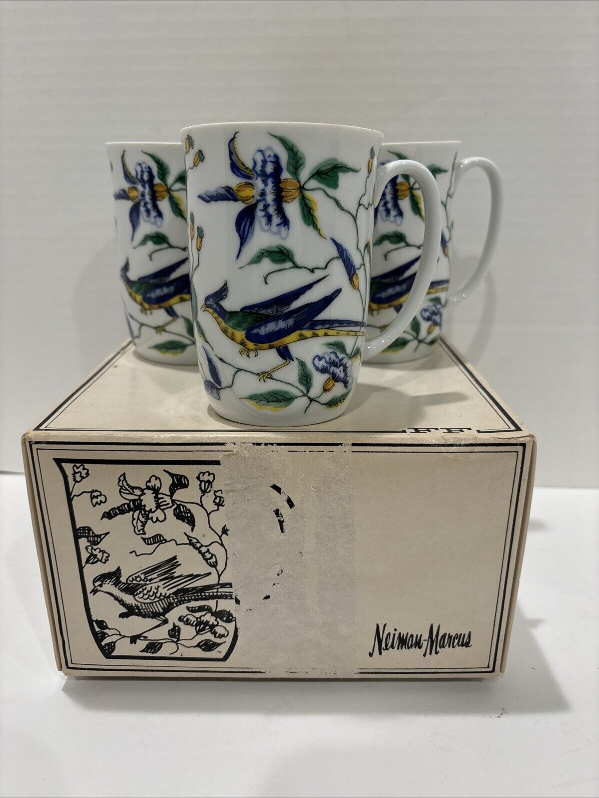 Neiman Marcus Fitz & Floyd Exotic Chinese Bird Coffee Mugs Cups Set Of 3 W/Box