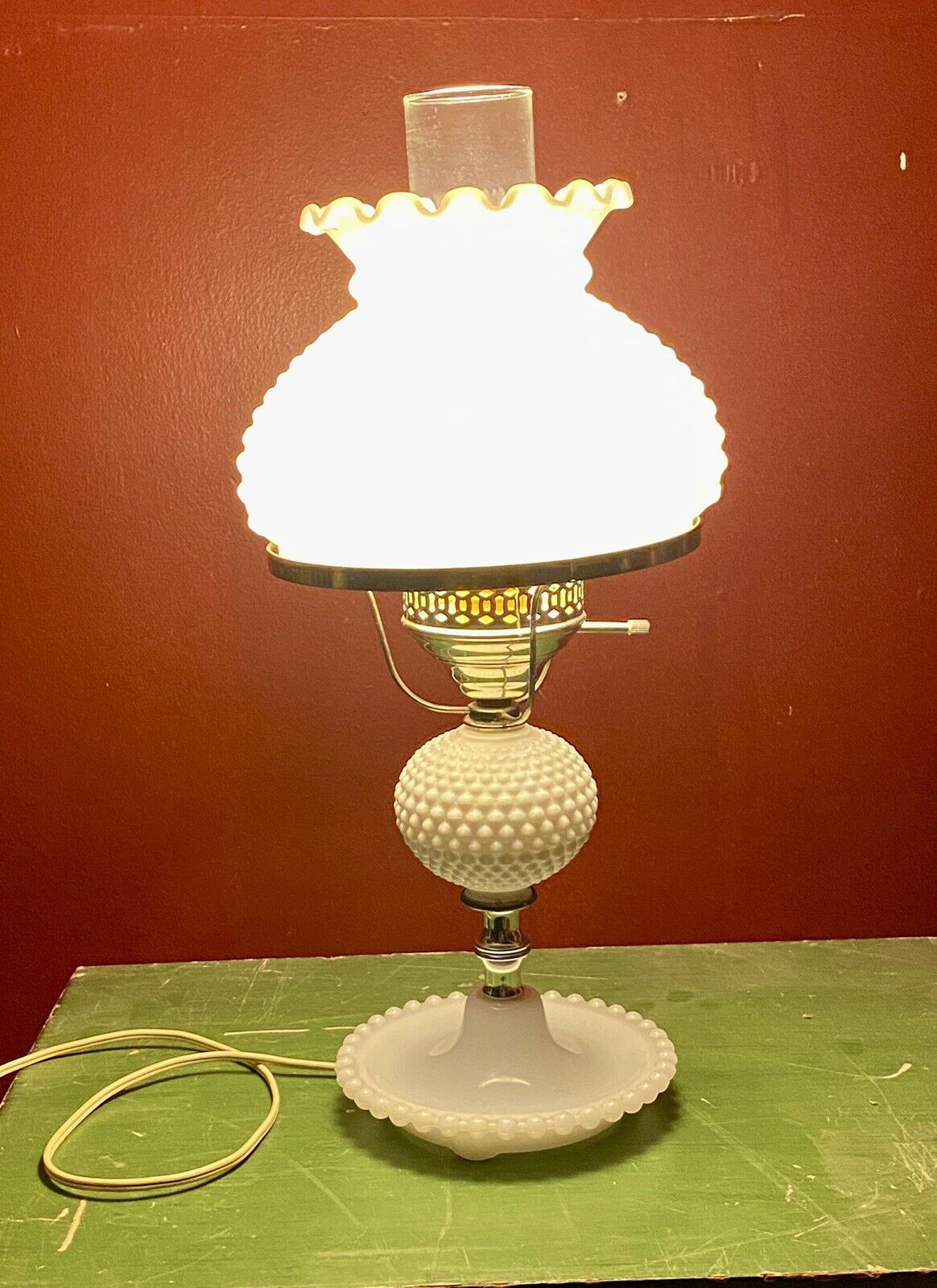 Nice Vintage White Hobnail Glass Hurricane Table Boudoir Parlor Lamp Works Great