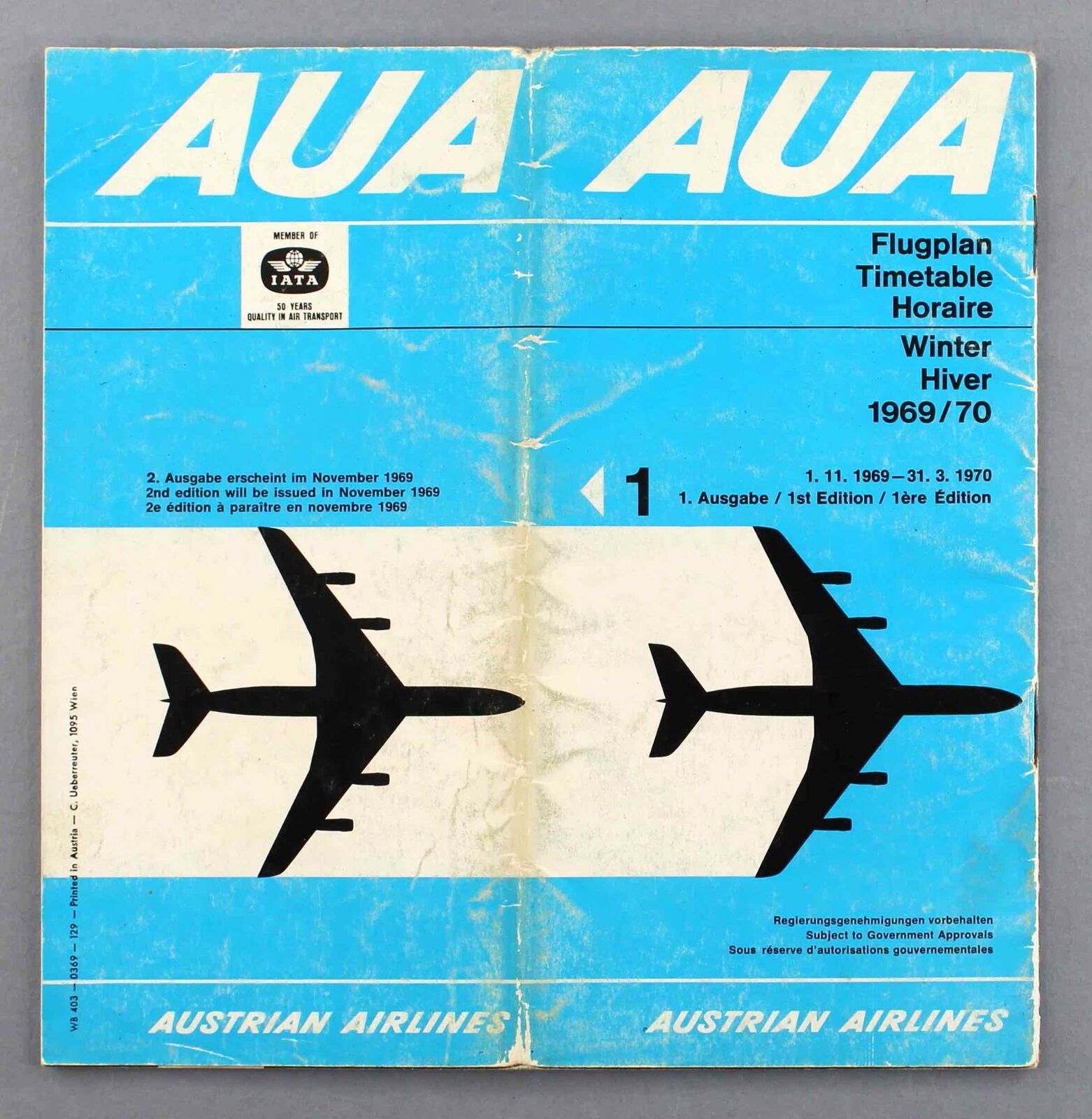 AUSTRIAN AIRLINES AIRLINE TIMETABLE WINTER 1969/70 FLUGPLAN AUA AUSTRIA OS