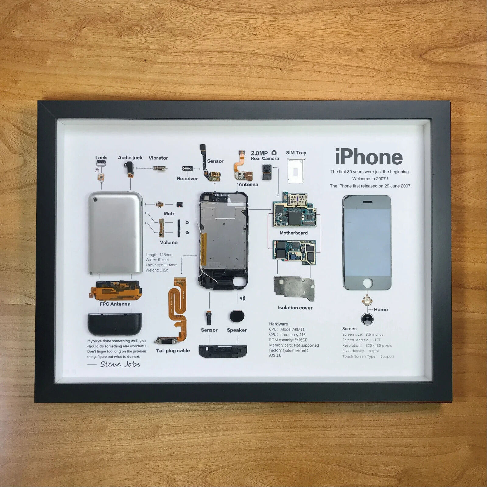 A3 Framed iPhone 1 Disassembled Phone Wall Art Unique Gifts for Apple Lovers Dad