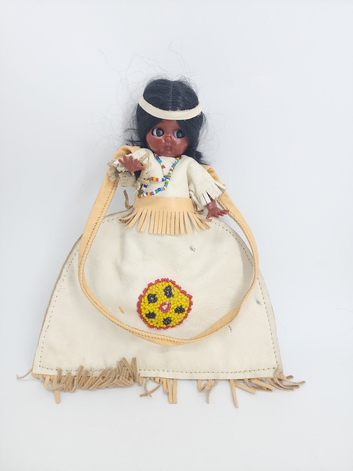 1950s Carlson Dolls American Indian Purse Leather Bead Work Sleepy Eyes Vintage 