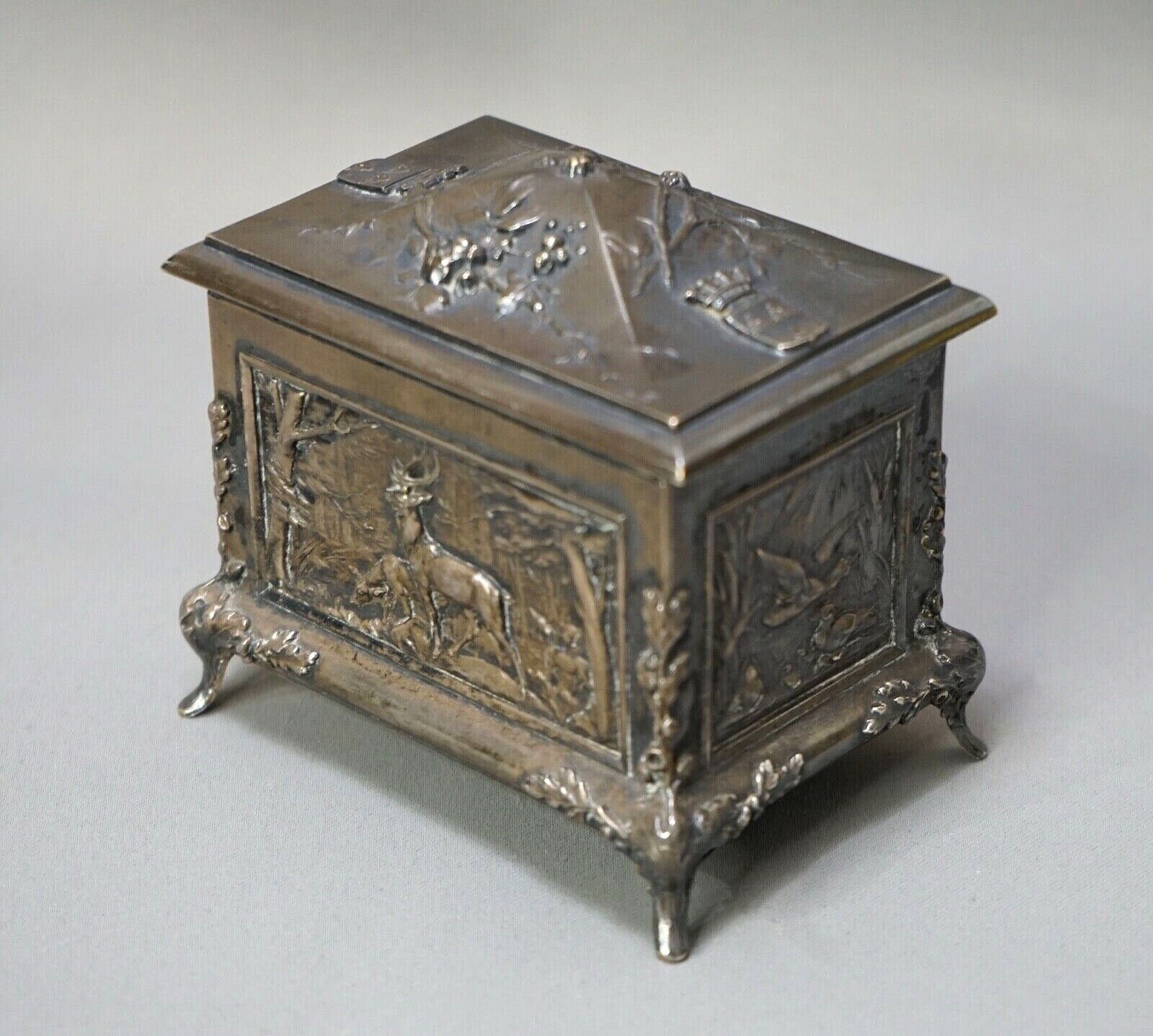19c.French Louis Armand Rault Silver-plate Brass Wild Animal Hunting Jewelry Box