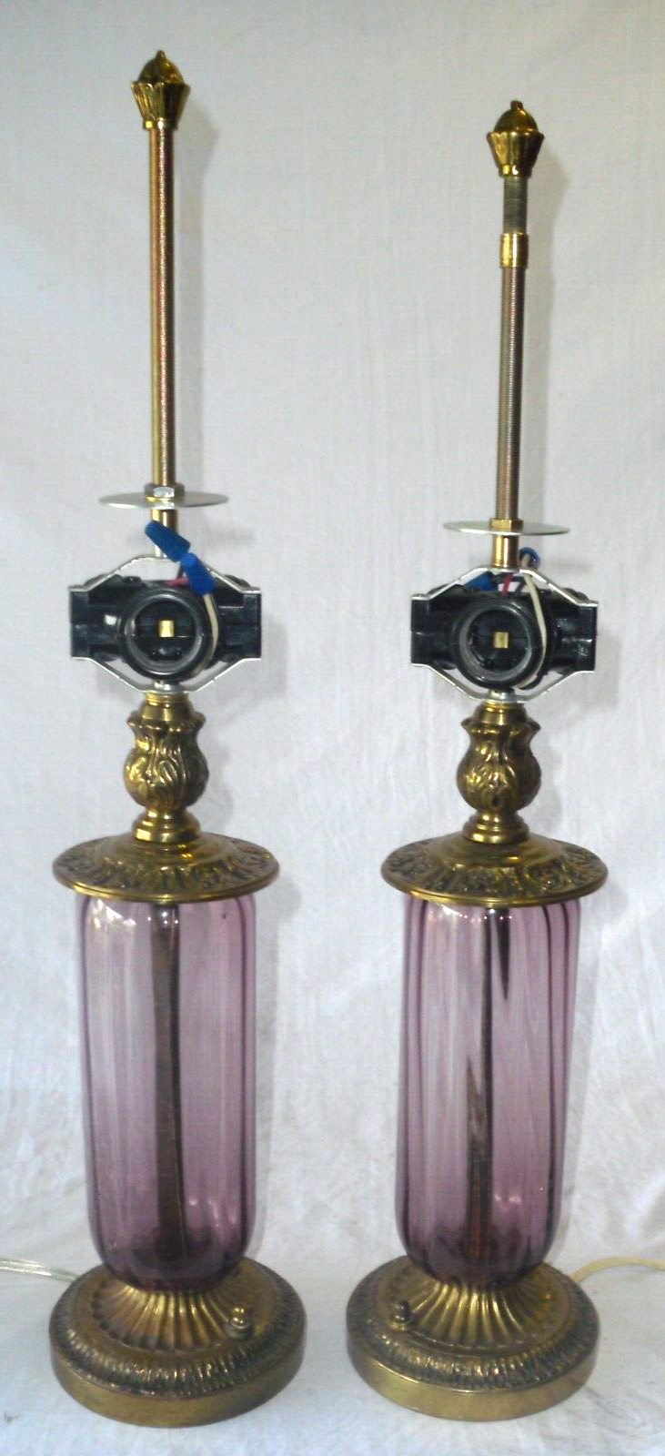 Vintage Mid Century Pair of Amethyst Purple Swirl Glass Brass Table Lamps 21