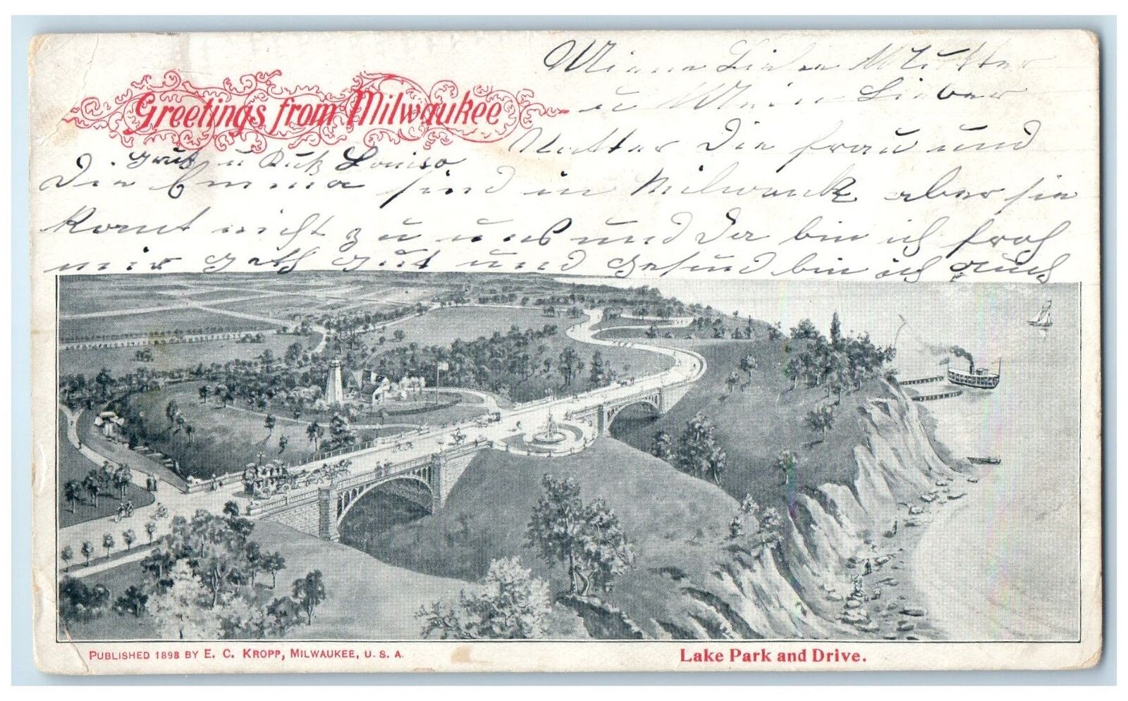 c1920's Greetings From Milwaukee Lake Park & Drive Wisconsin Unposted Postcard