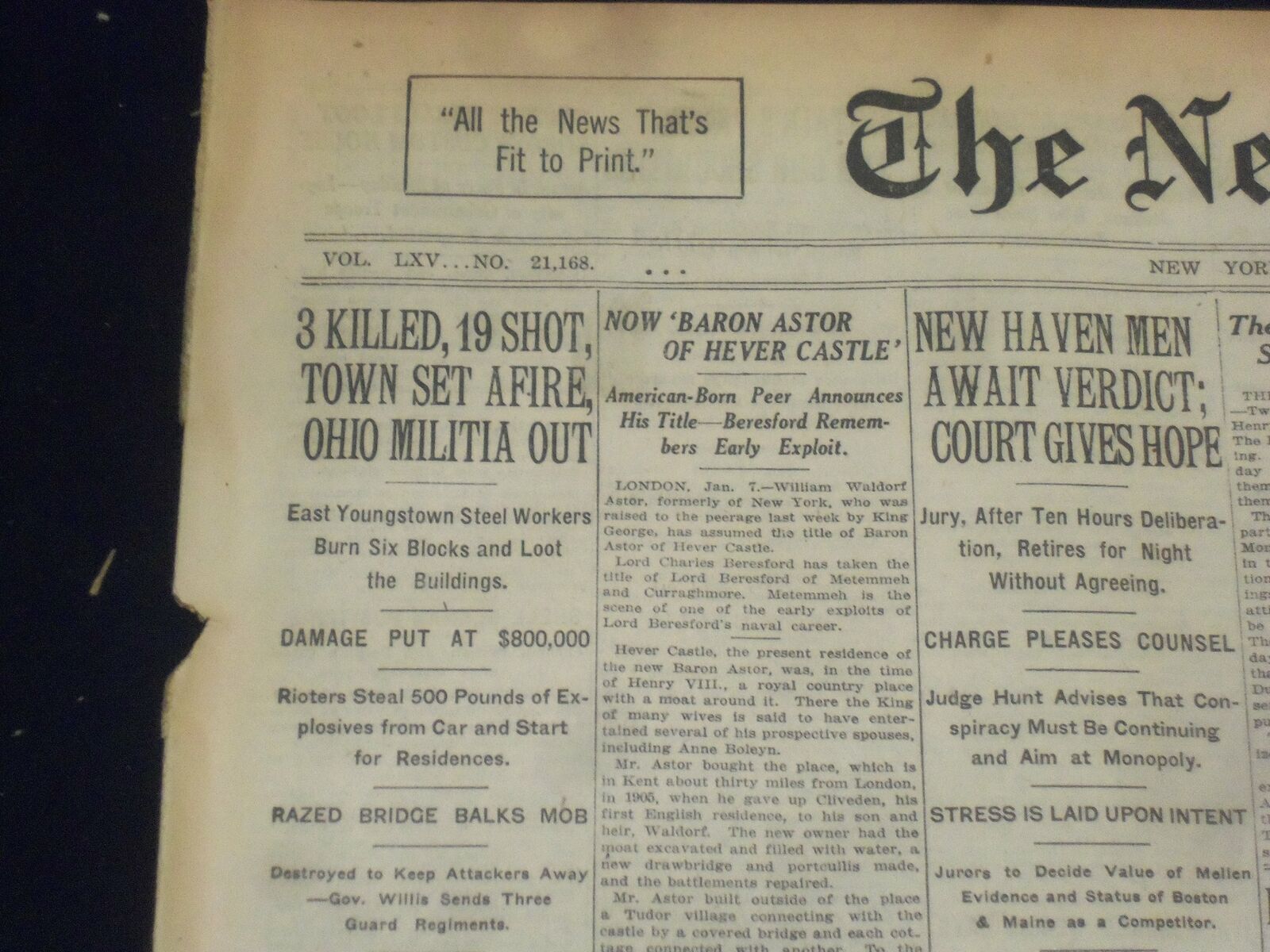1916 JANUARY 8 NEW YORK TIMES - YOUNGSTOWN SET AFIRE, 3 KILLED - NT 9055