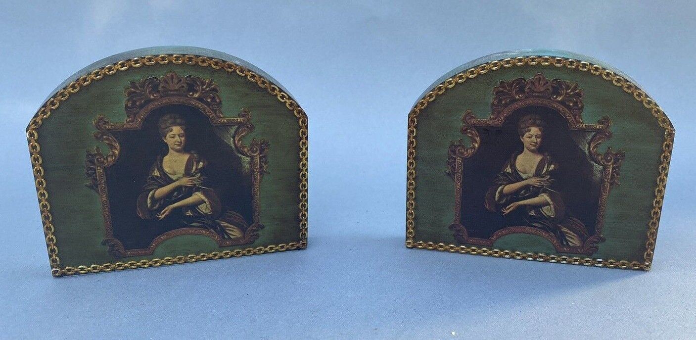 Vintage Antique French Style Decoupage Bookends with a Lovely Maiden