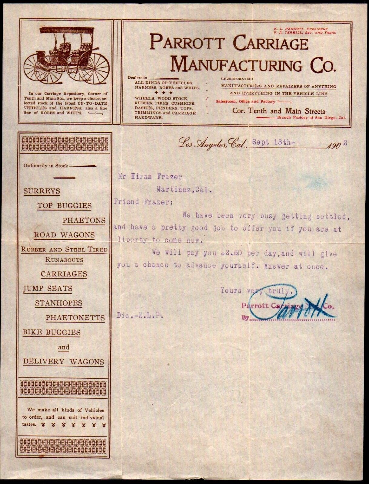 1902 Los Angeles - Parrot Carriage Manufacturing Co - Rare Letter Head Bill