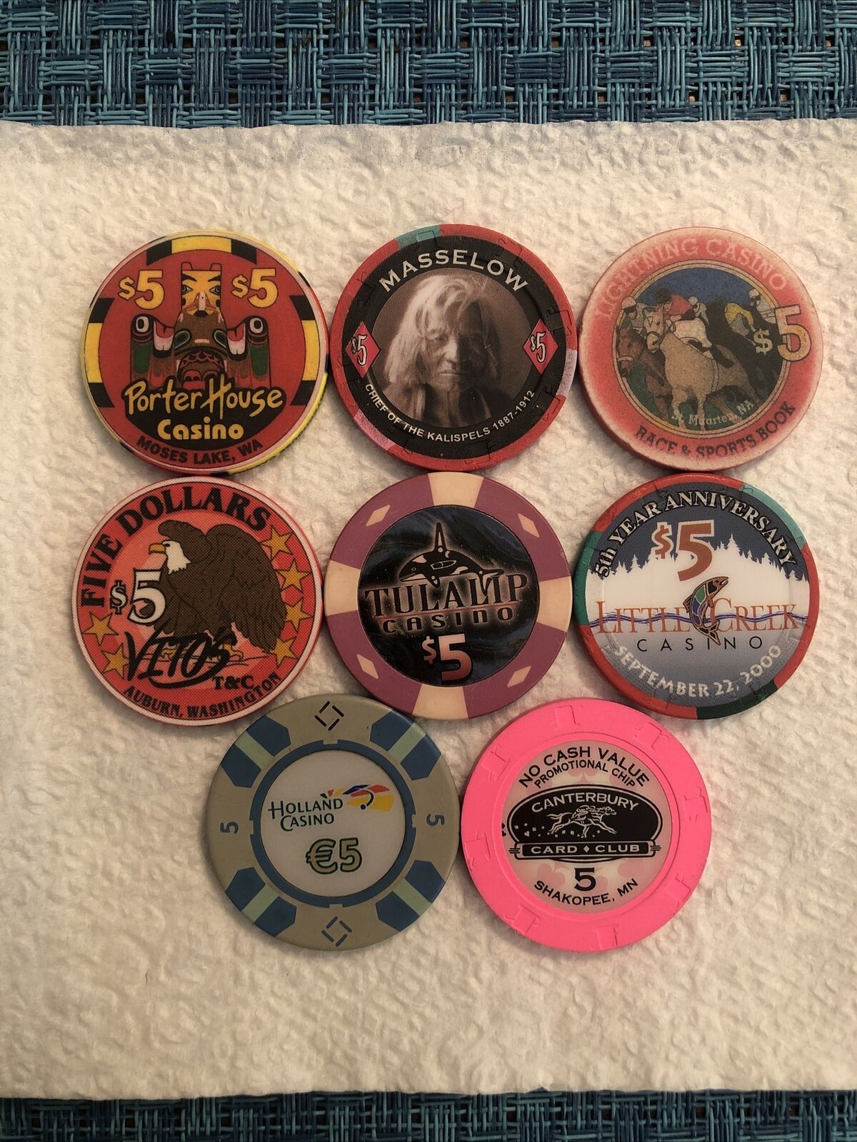 Lot Of (8) Various $5 Casino Chips