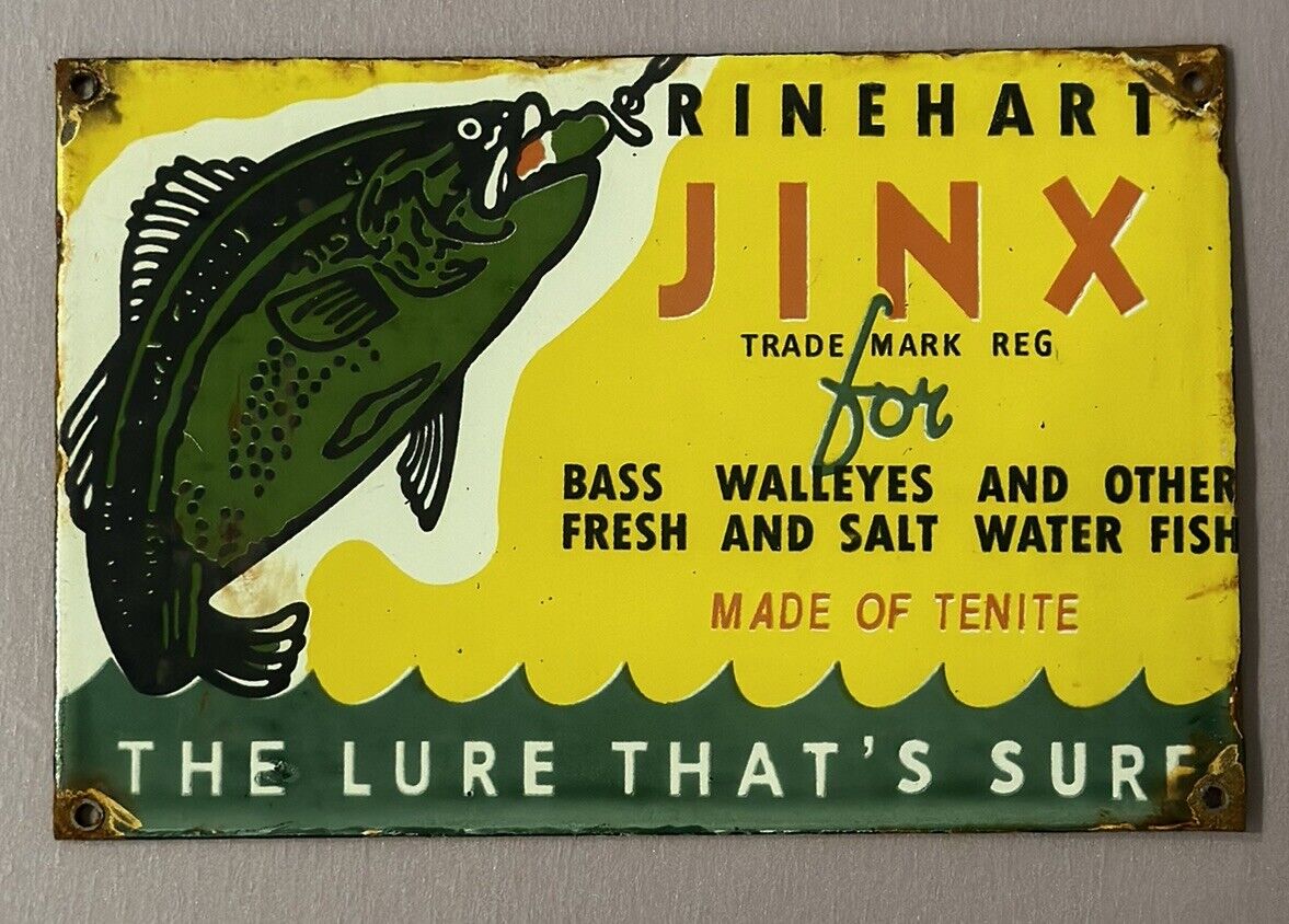 Rinehart JINX the Lure Thats Sure Porcelain Fishing Lure Sign 9\