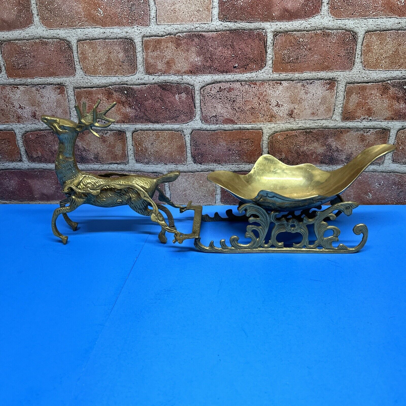 VTG Brass Ornate Reindeer Pulling Sleigh Made in India Candy Dish Holiday 20”