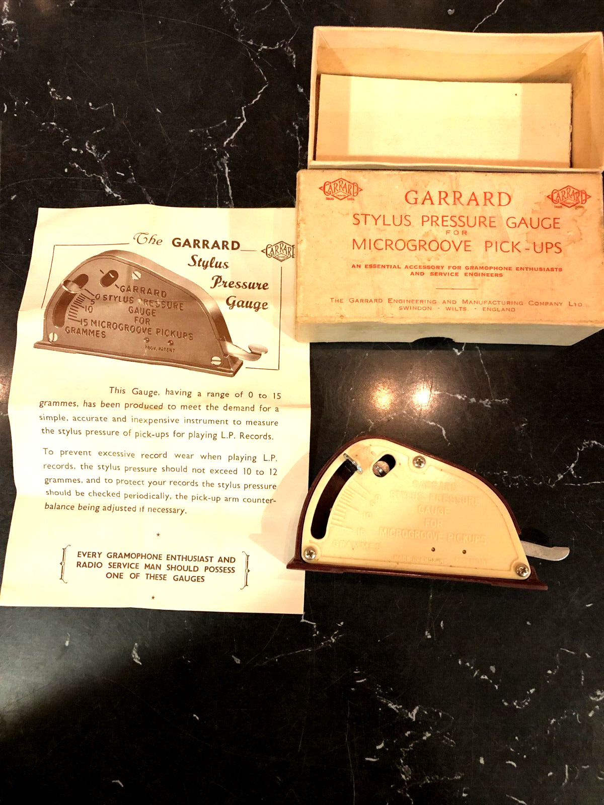 Vintage GARRARD PICKUP STYLUS PRESSURE GAUGE  w/Orig Box & Instructions