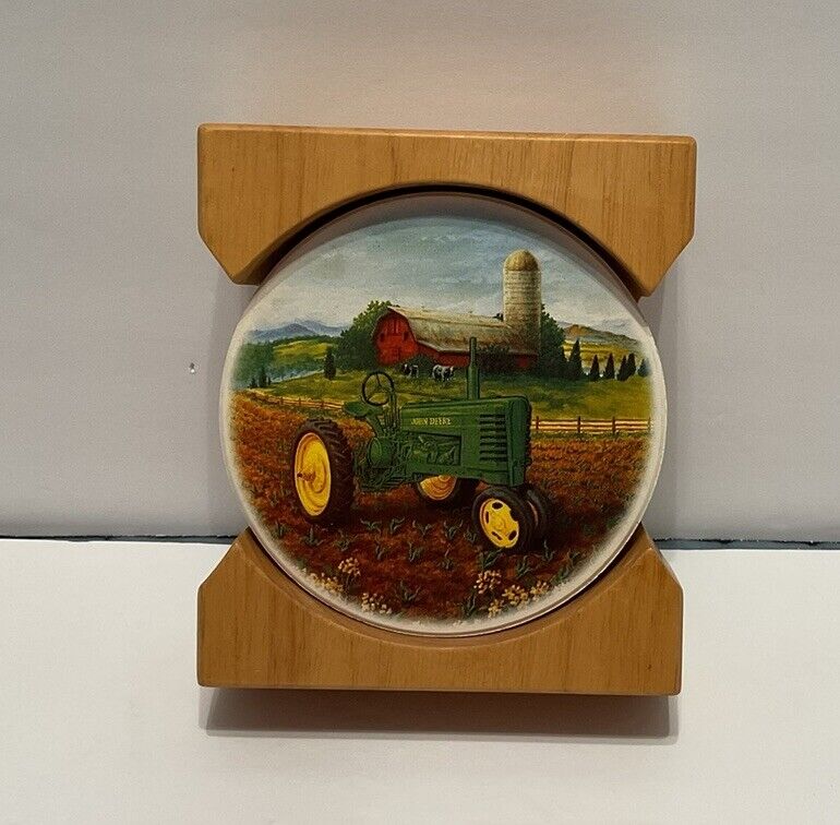 John Deere Ceramic Coasters W/ Wooden Holder 3 Coasters