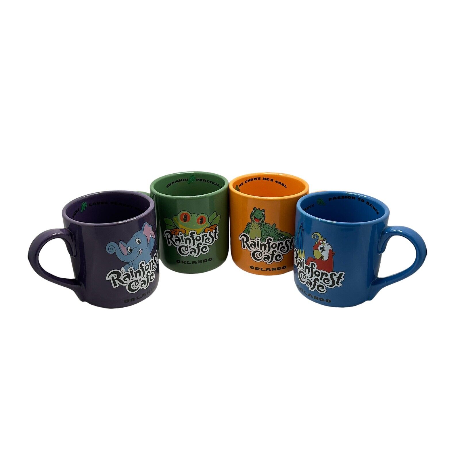 VTG 1999 Rainforest Cafe Coffee Mugs Cups Set of 4 IGGY, CHA CHA, RIO, & TUKI