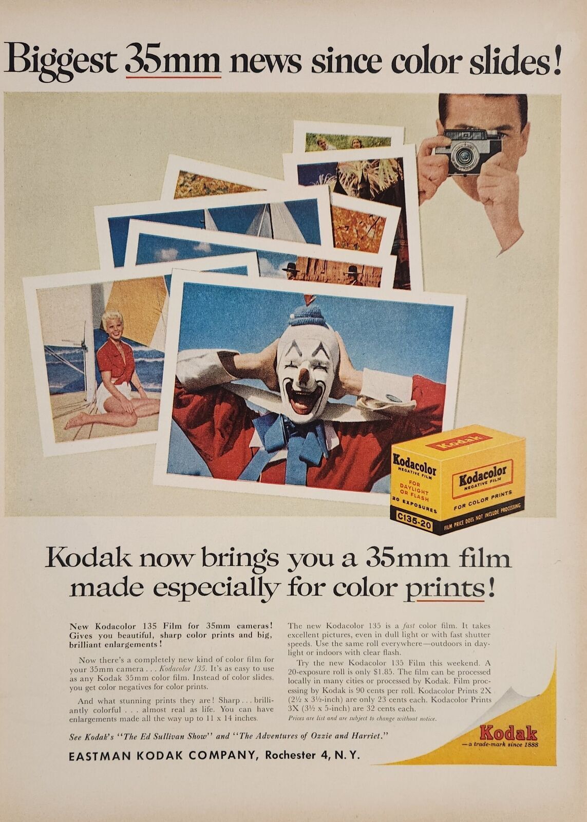 1958 Print Ad Kodak 35mm Kodacolor Color Film Happy Clown Eastman Rochester,NY