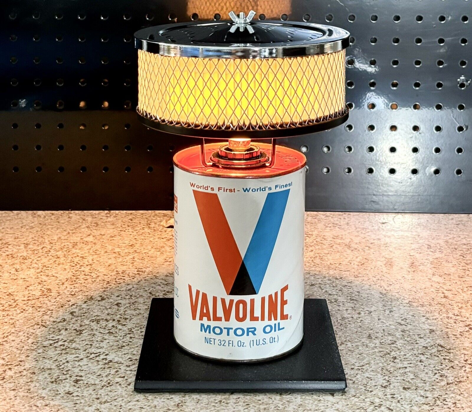 Authentic Valvoline Red Top Oil Can Lamp with Chrome Air Cleaner Shade