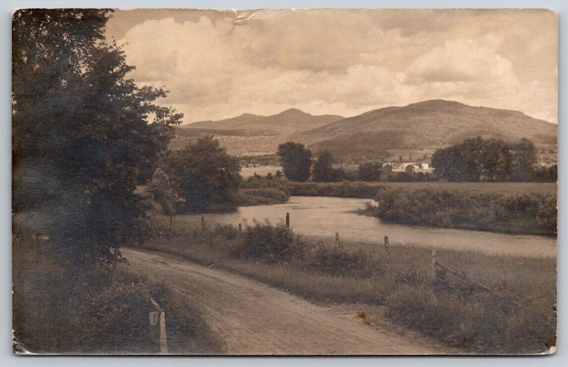 Scenic Panoramic View of Old Dirty Road and Riverbank RPPC Postcard Stamped
