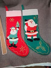 (2) 1950s Felt Christmas Stockings SANTA CLAUS Japan RED & GREEN W/Tags AMAZING picture