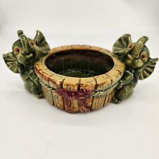 Vintage Ceramic Hand Painted Boho Asian Lucky Elephants Green Ceramic Planter picture