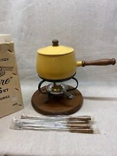 Descoware NOS Gold Yellow Fondue Pot 60s/70s Wood Handle Stand + Forks MCM NWT picture